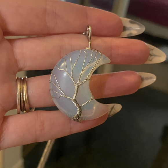 Hand Crafted Jewelry - Opalite Crescent Moon & Wire Tree Pendant